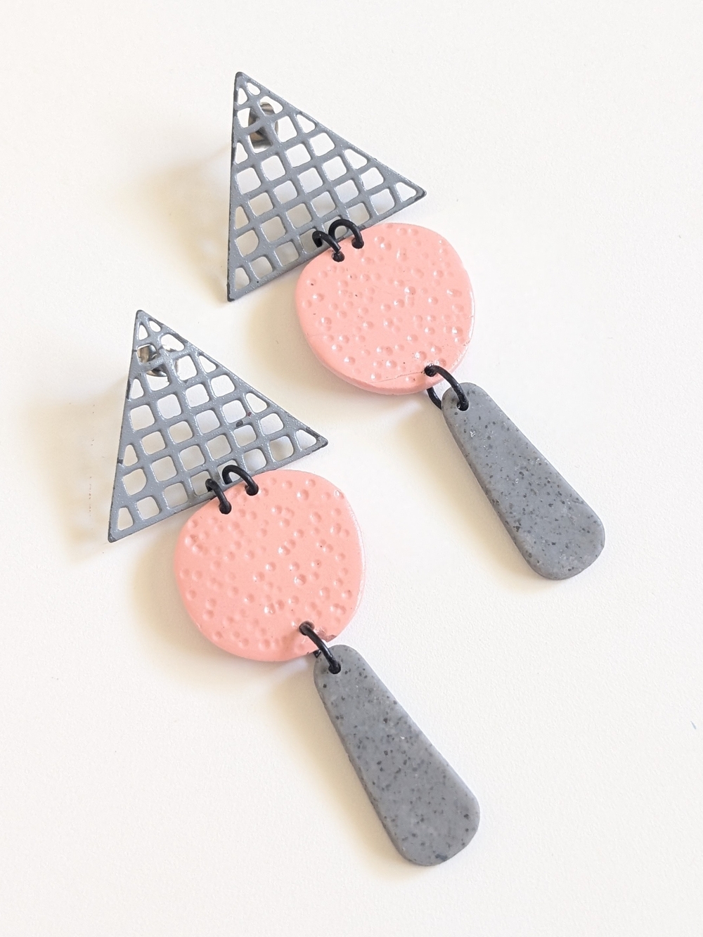 Geometric Peach & Gray Dangle Earrings